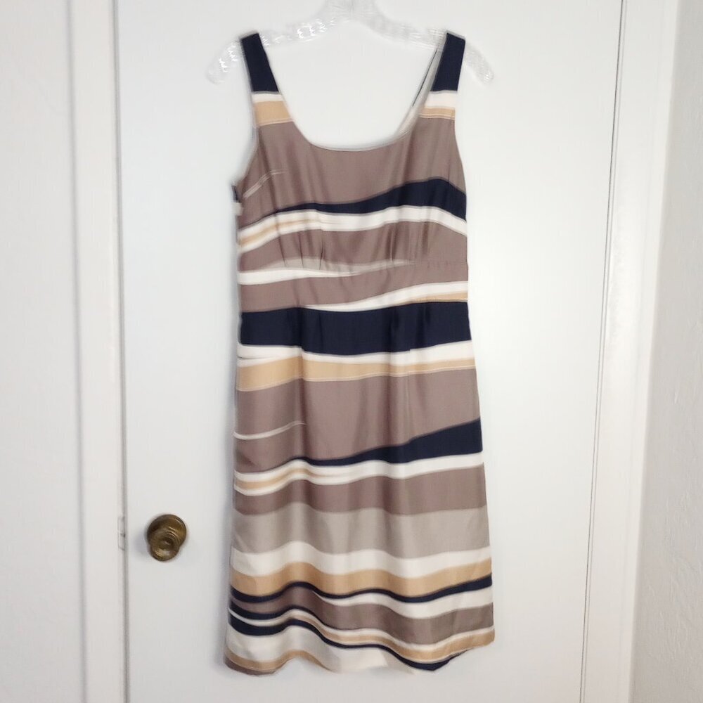 Banana Republic Silk Navy, Gold & Taupe Striped Sheath Dress